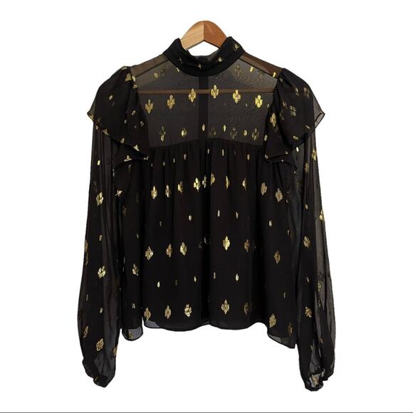 A.L.C. Meloni Silk Blouse Black and Gold Metallic Sheer Size 4 - Picture 2 of 15